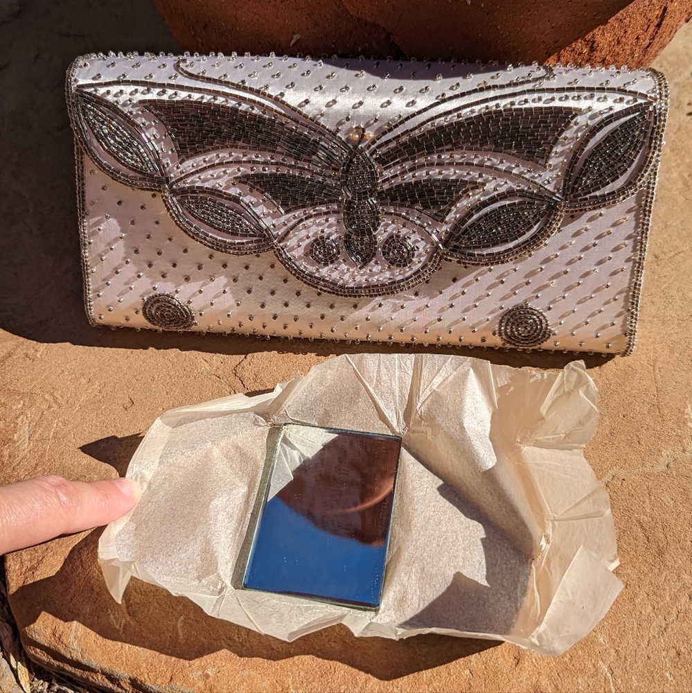 Vintage Beaded Clutch by IIYAMA Butterfly in Golden Brown with Mirror